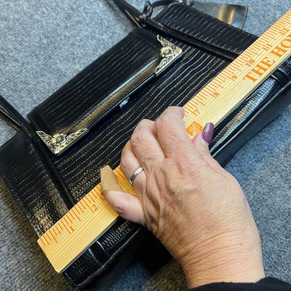 Marc Chantel MC Shoulder Bag Purse Womens Black Embossed Leather Silver Flower - Picture 8 of 10